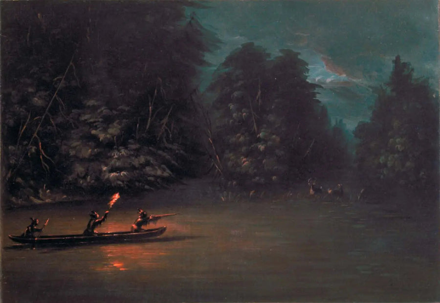 Caccia al cervo con torce in canoa di corteccia - George Catlin