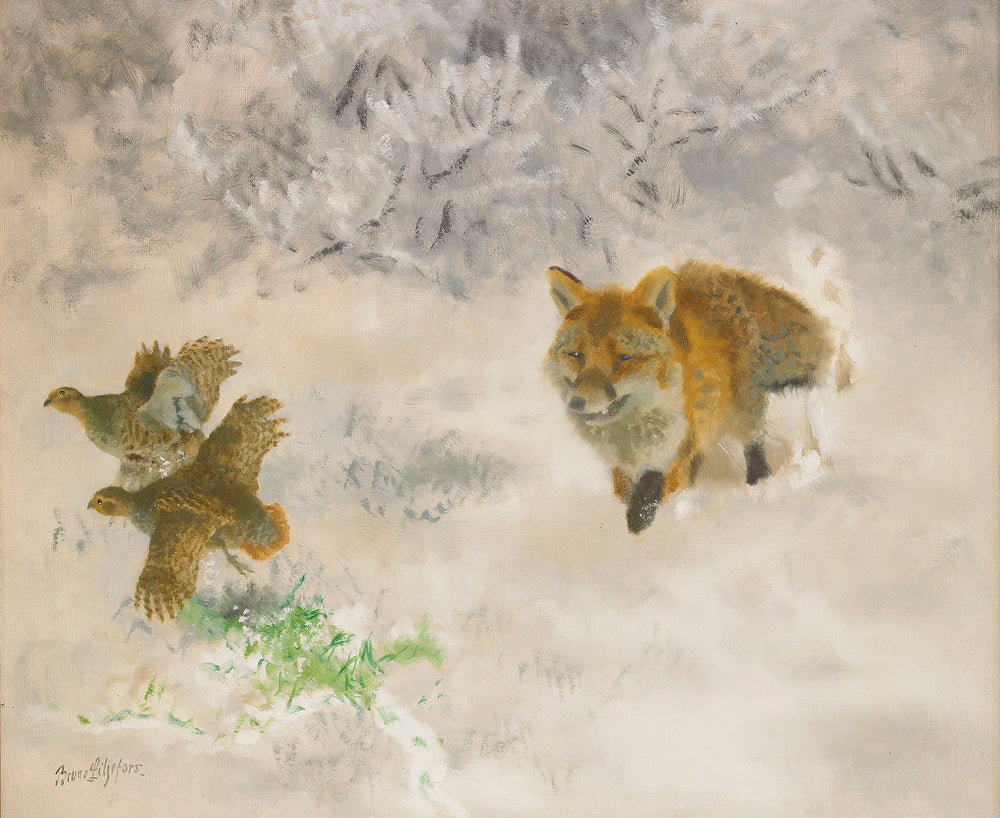 Caccia alla volpe e al fagiano di monte in un paesaggio invernale - Bruno Liljefors