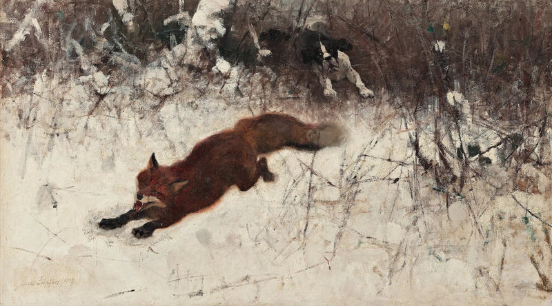 Caccia alla volpe invernale con cane da caccia - Bruno Liljefors
