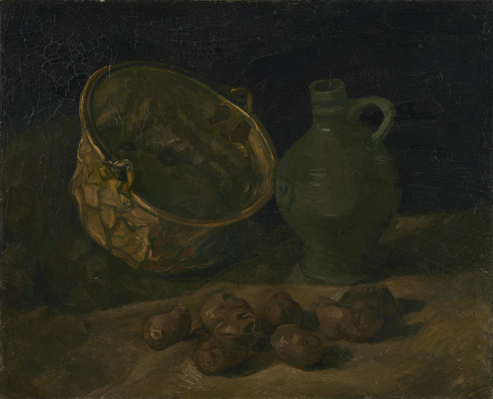 Nature morte avec chaudron et cruche F51 — cuivre, grès et pommes de terre peints par Van Gogh