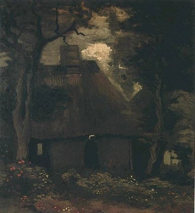 Chalet con alberi e contadina - Vincent van Gogh