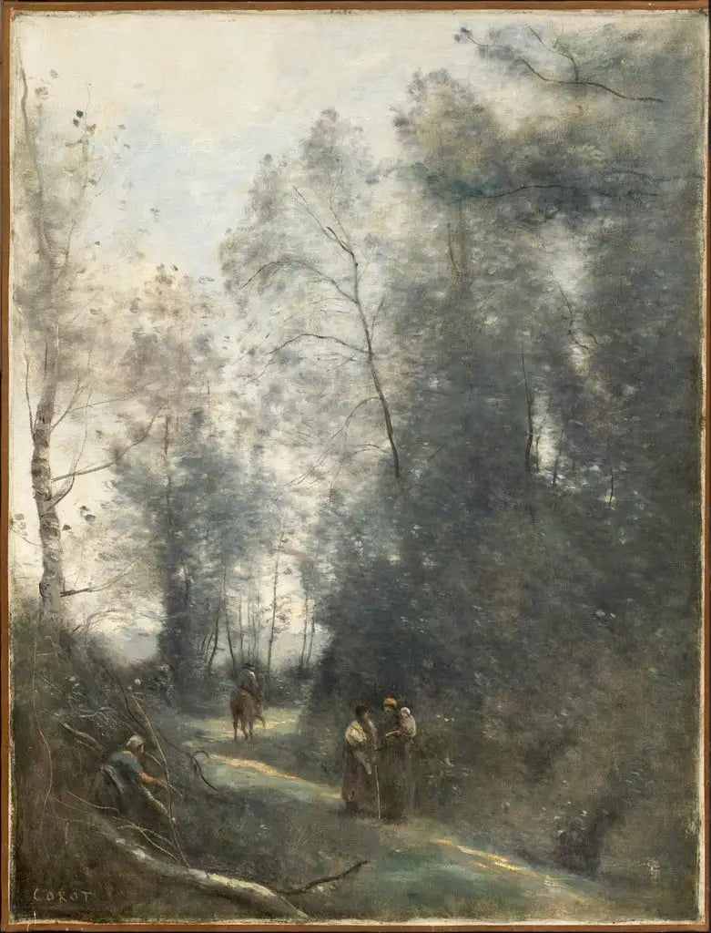 Sentiero tortuoso con tre contadine e un cavaliere - Jean-Baptiste Camille Corot