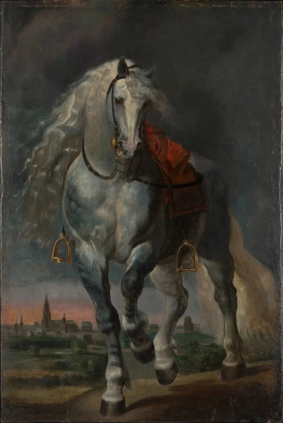 Cavallo bianco che trotto su un paesaggio pianeggiante davanti a una città - Peter Paul Rubens