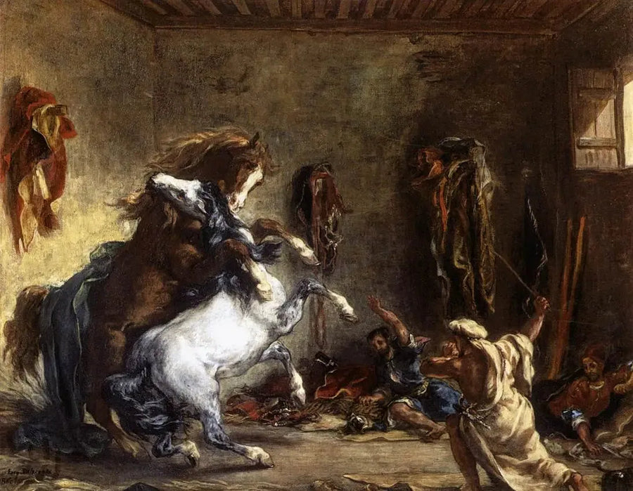 Cavalli arabi che combattono in una scuderia - Eugène Delacroix