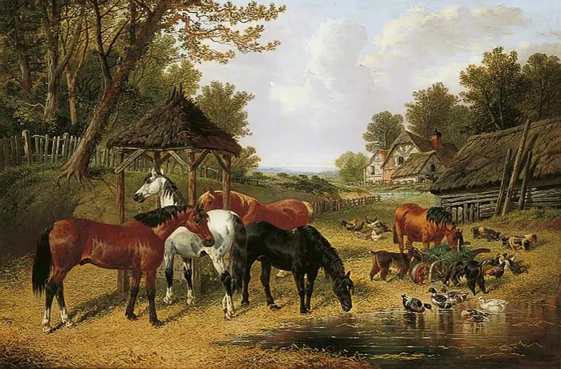 Cavalli al bordo di uno stagno di fattoria - John Frederick Herring, Sr.