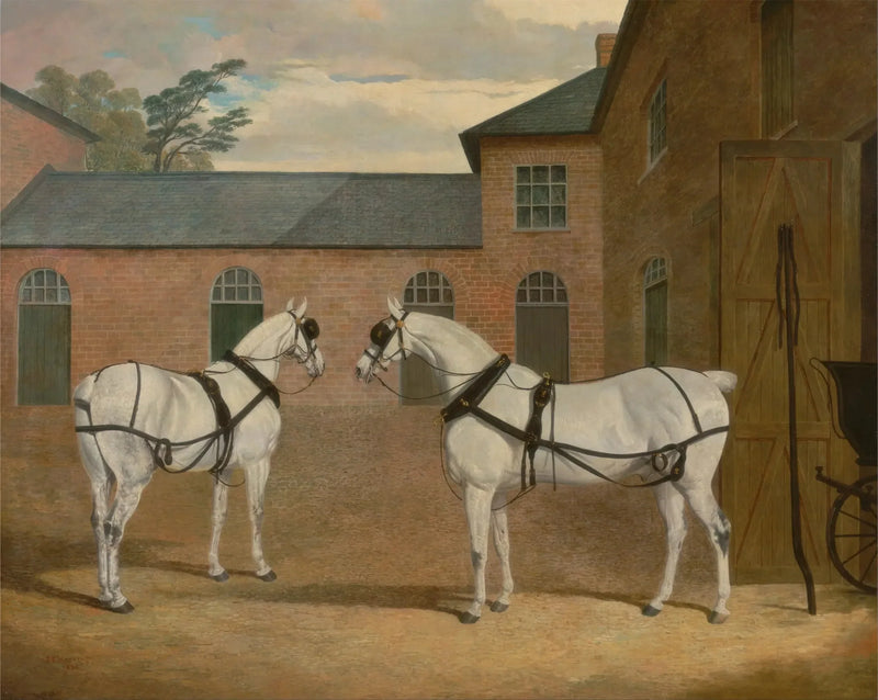 Cavalli di carrozza grigi nella corte delle carrozze di Putteridge Bury, Hertfordshire - John Frederick Herring, Sr.