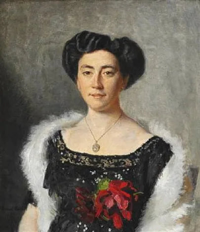 Christiane Bruun de Neergaard in un abito da sera nero decorato con una rosa rossa - Michael Peter Ancher