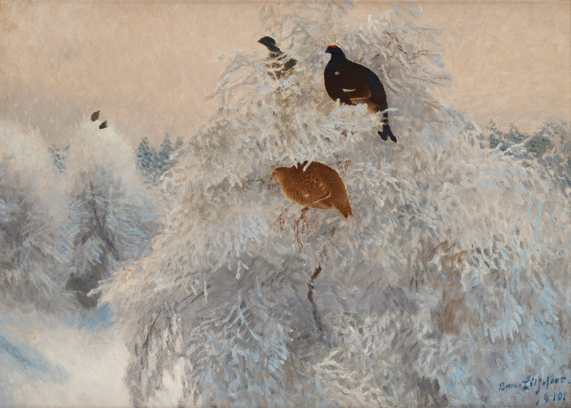 Cime bianche degli alberi in inverno con il fagiano di monte - Bruno Liljefors