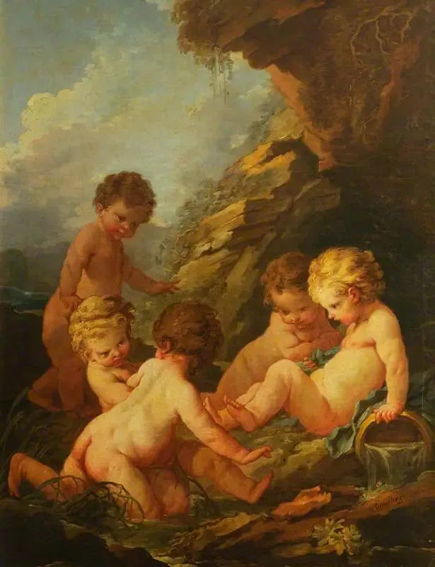 Cinque bambini nudi che giocano ai margini di una piscina rocciosa - François Boucher