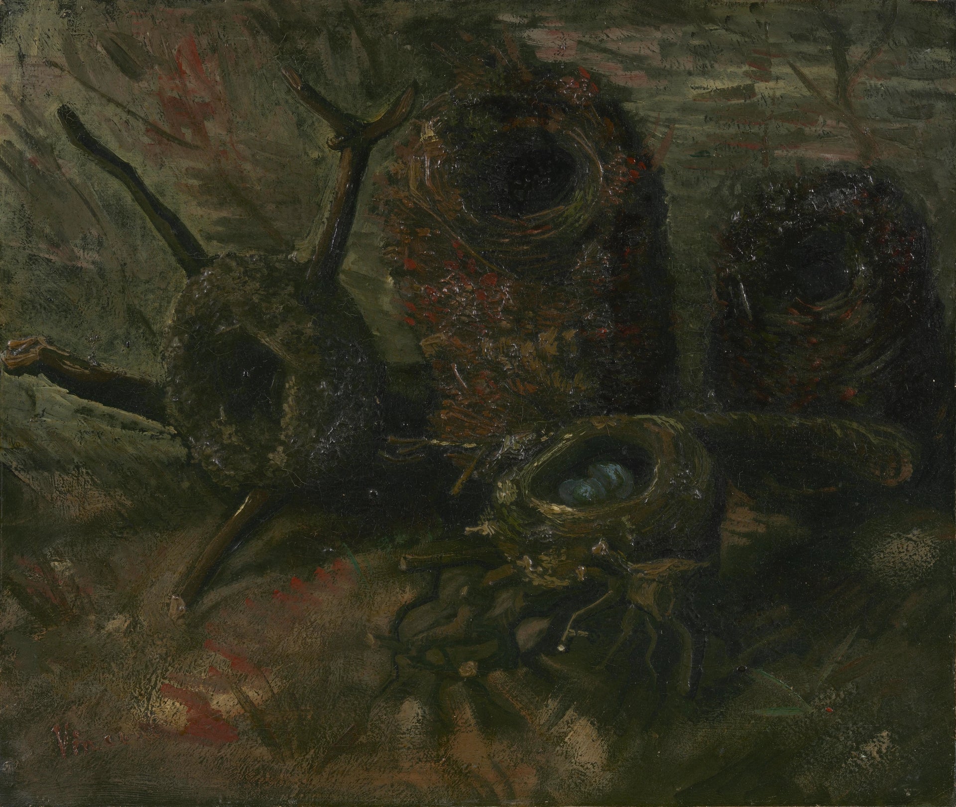 Nature morte avec cinq nids d’oiseaux F111 — mousse, brindilles et œufs peints par Vincent van Gogh