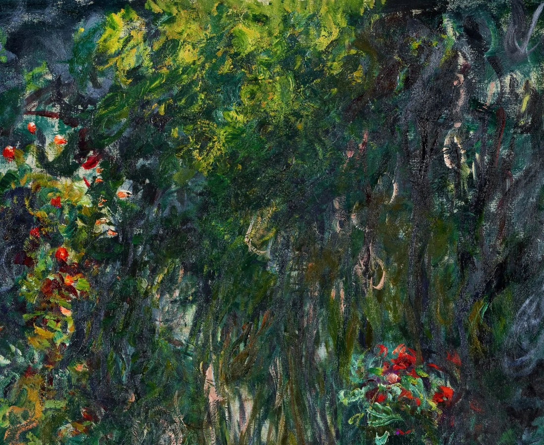 Détail des fleurs rouges et du feuillage dans Coin du bassin aux nymphéas W1880