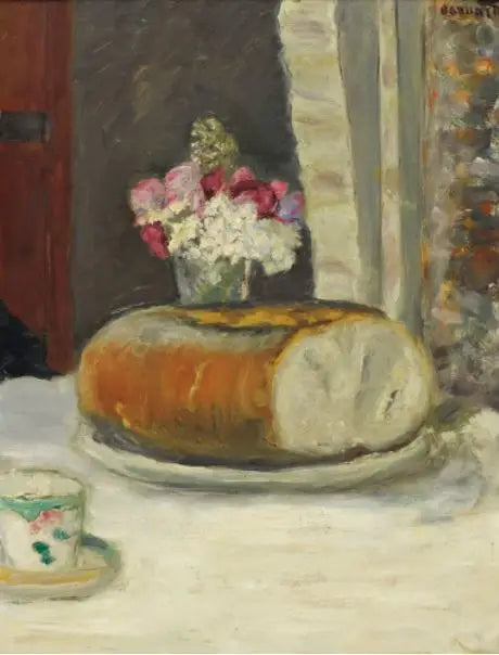 Angolo di tavolo (Tazza da caffè, pane e fiori) - Pierre Bonnard