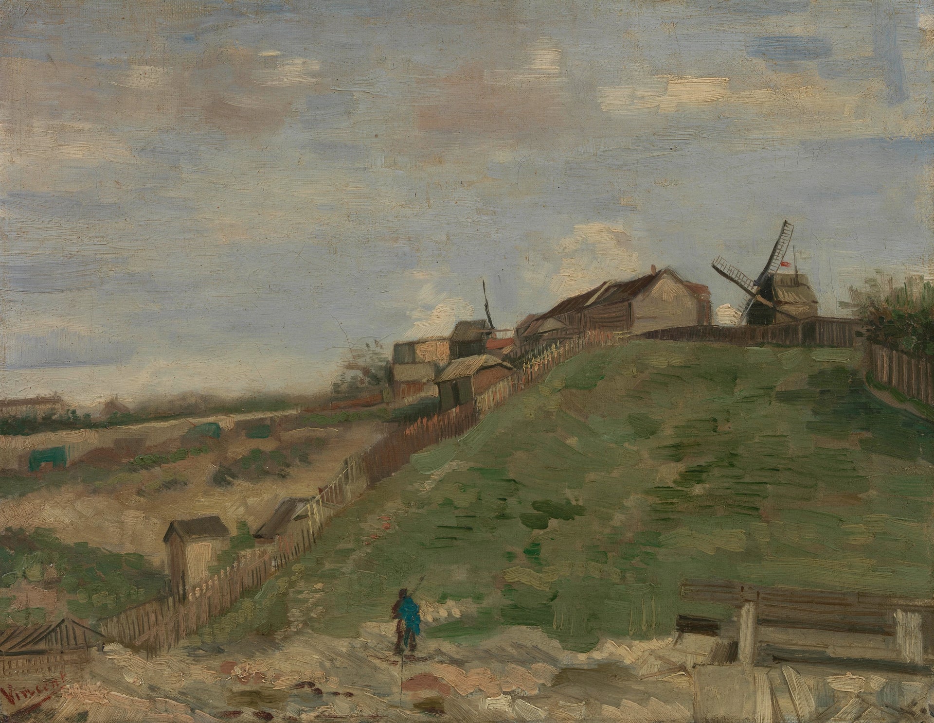 Colline de Montmartre avec carrière de pierre F229 — pente verte, palissades, moulins et ouvrier peints par Vincent van Gogh