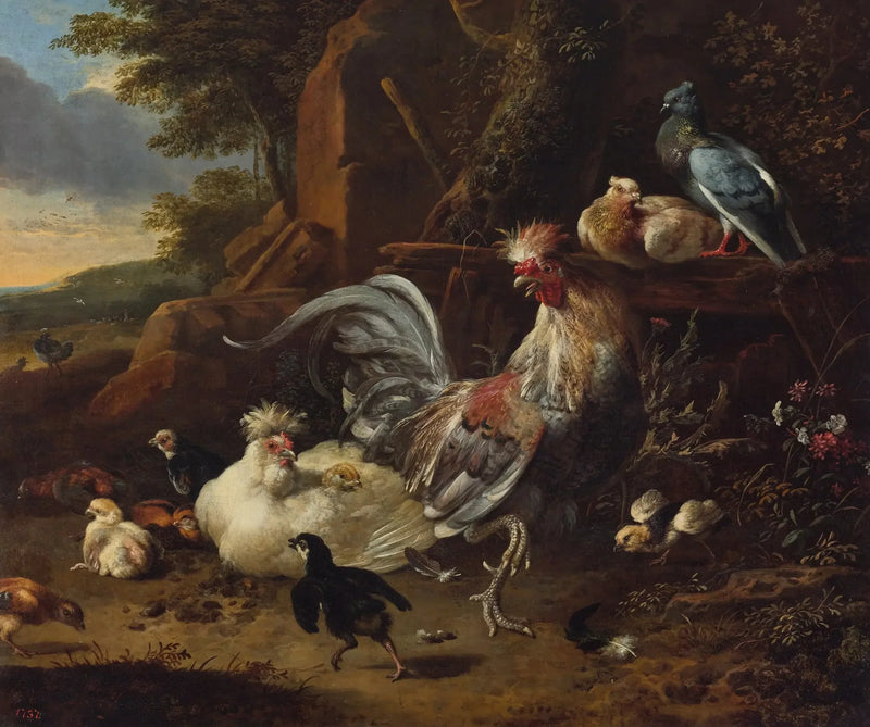 Coq, polli e altri volatili in un cortile - Melchior de Hondecoeter