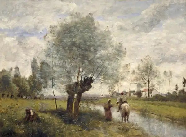 Coubron. Cavaliere che passa su una strada vicino a un salice - Jean-Baptiste Camille Corot