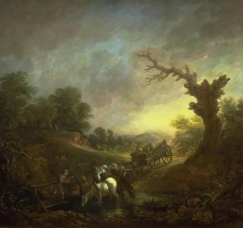 Tramonto: Cavalli da tiro che bevono ai margini di un ruscello - Thomas Gainsborough