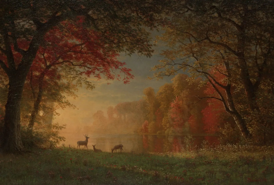 Tramonto indiano: cervo sul bordo di un lago - Albert Bierstadt