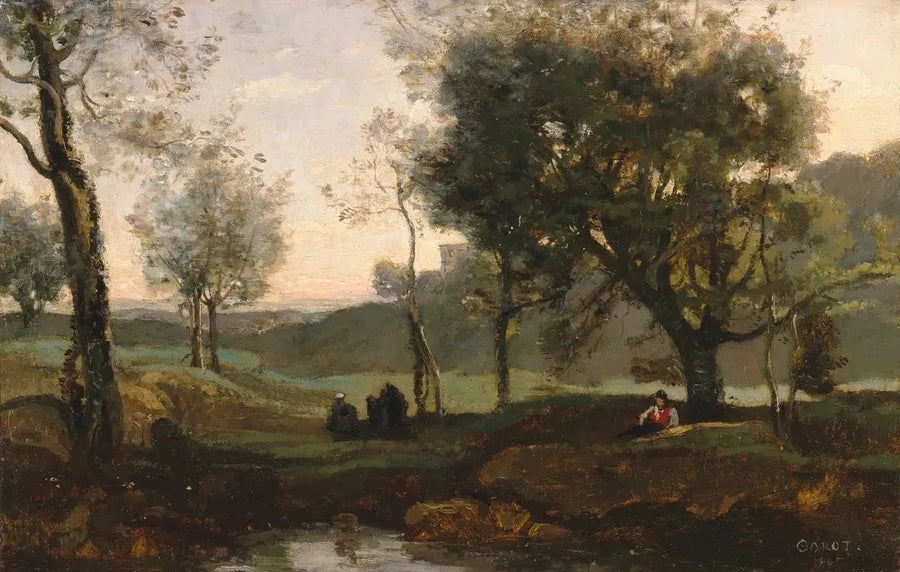 Tramonto: personaggi sotto gli alberi - Jean-Baptiste Camille Corot