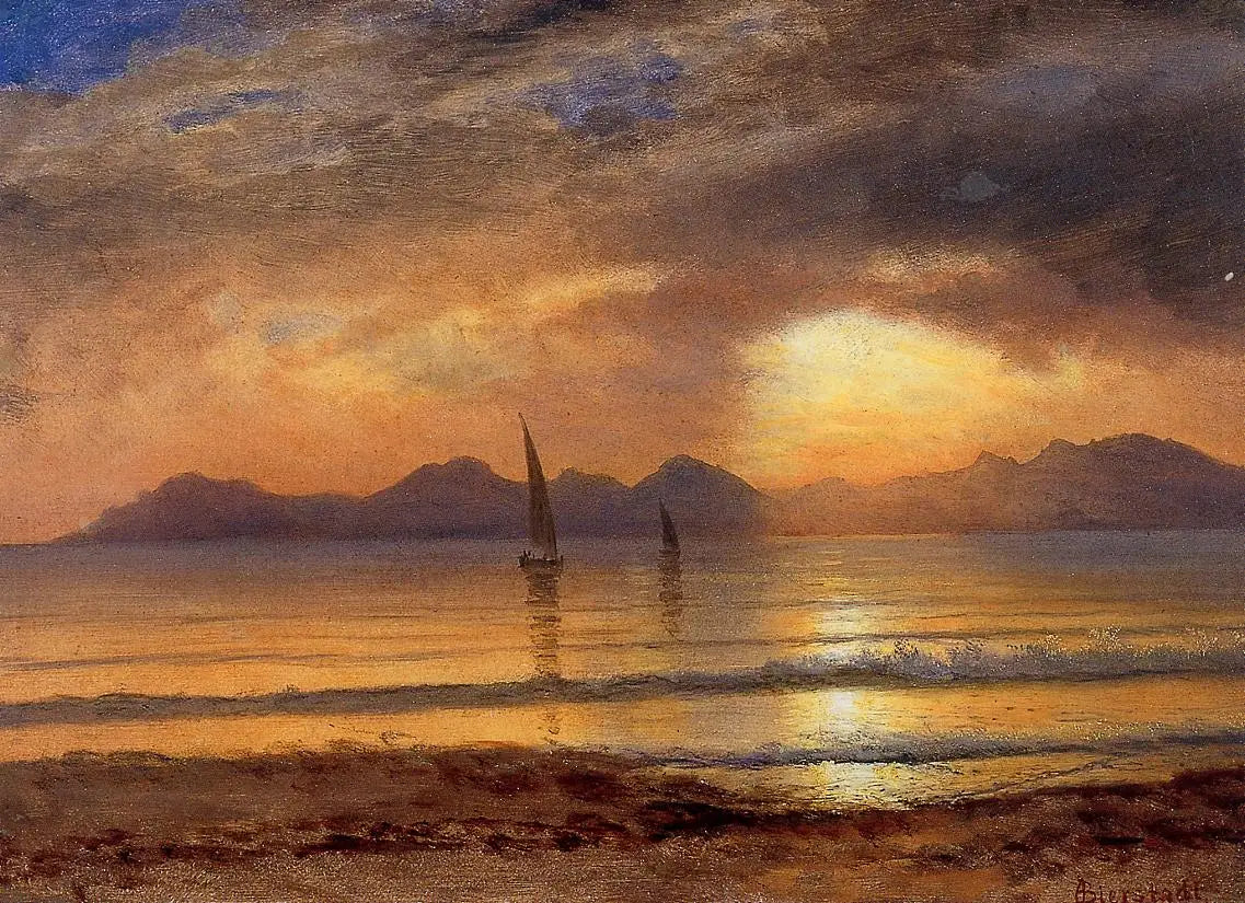 Coucher de soleil sur un lac de montagne - Albert Bierstadt image 1 tableau peint à l’huile sur toile