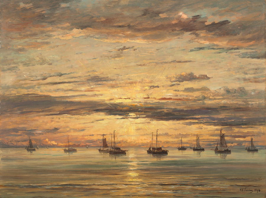 Coucher de soleil à Scheveningen : une flotte de bateaux de pêche au mouillage - Hendrik Willem Mesdag