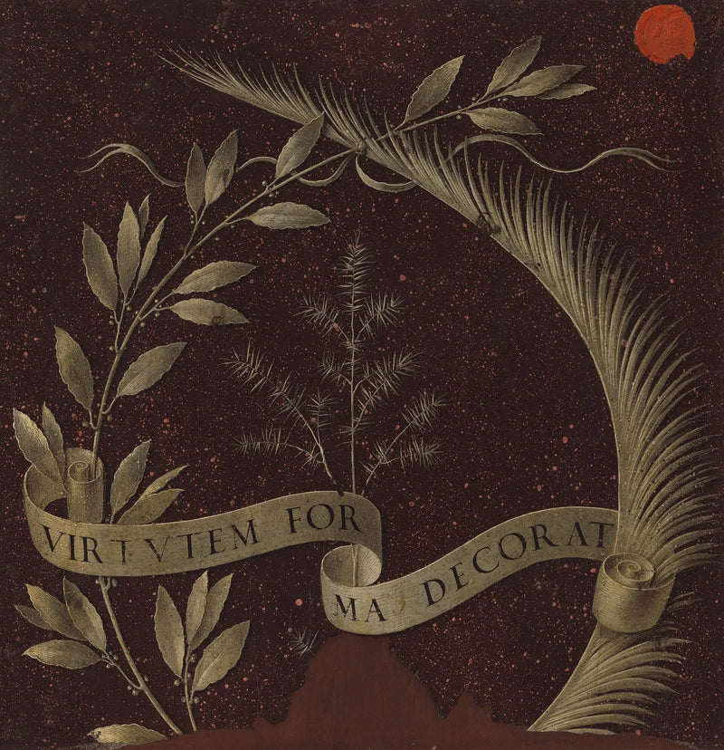 Corona di alloro, palma e ginepro con un pergamena che riporta l'iscrizione Virtutem Forma Decorat [retro] - Leonardo da Vinci