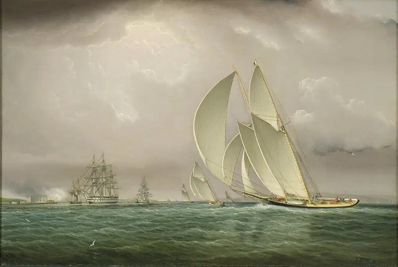 Corsa di yacht nel porto di New York con saluto navale al castello William sull'isola del Governatore - James E. Buttersworth