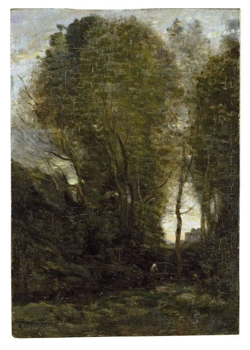 Crepuscolo : Paesaggio con grandi alberi e una figura femminile - Jean-Baptiste Camille Corot