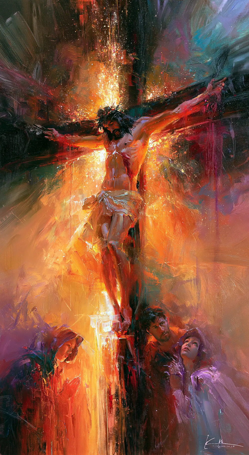 Crucifixion verticale abstraite en rouge feu, or, bleu et turquoise