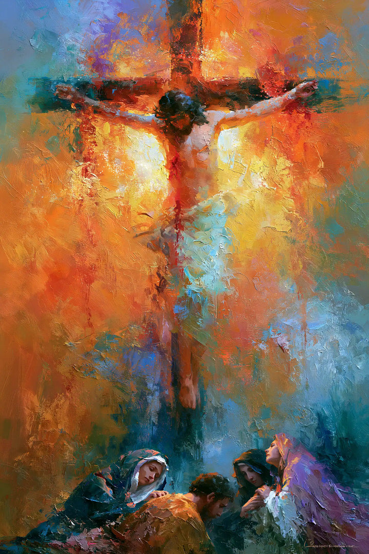 Crucifixion abstraite orange et turquoise — Peinture à l’huile sur commande