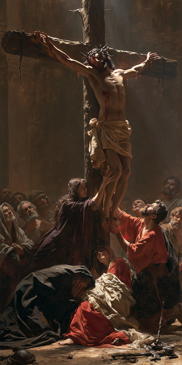 Crucifixion verticale baroque sombre avec figures — Tableau peint sur commande