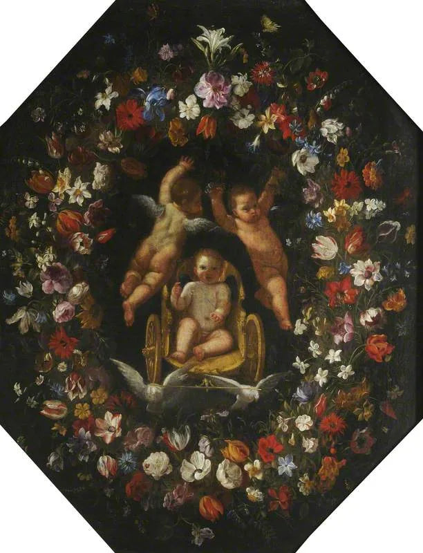 Cupido in un carro, circondato da una corona di fiori - Domenichino