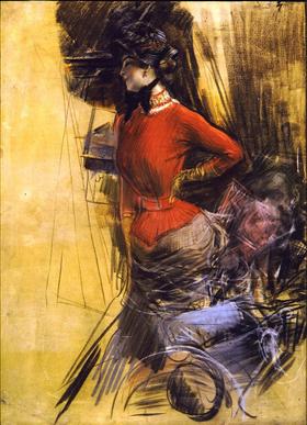 Dame au manteau rouge - Giovanni Boldini image 1 reproduction de peinture à l’huile