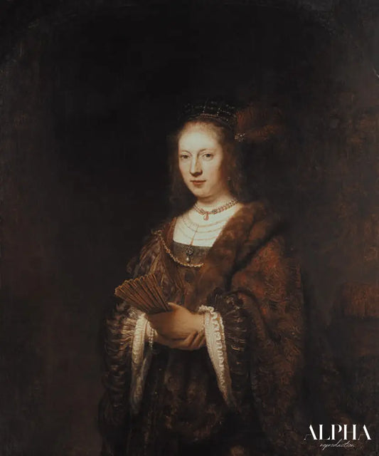 Dame avec un éventail - Rembrandt van Rijn - Reproductions de tableaux et peintures haut de gamme