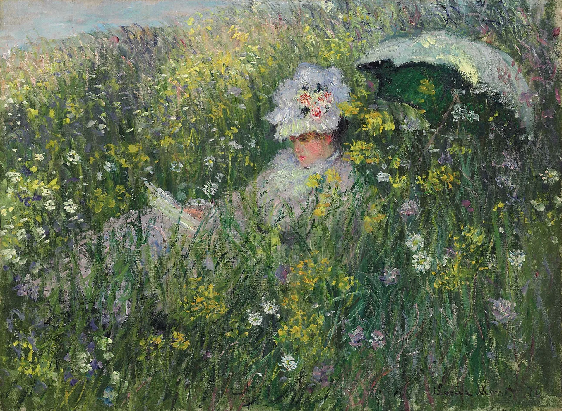 Dans la prairie W405 par Claude Monet, Camille Monet lisant, 1876