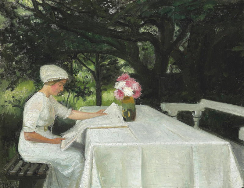 In un giardino a Skagen. Una giovane donna legge un giornale. - Michael Peter Ancher