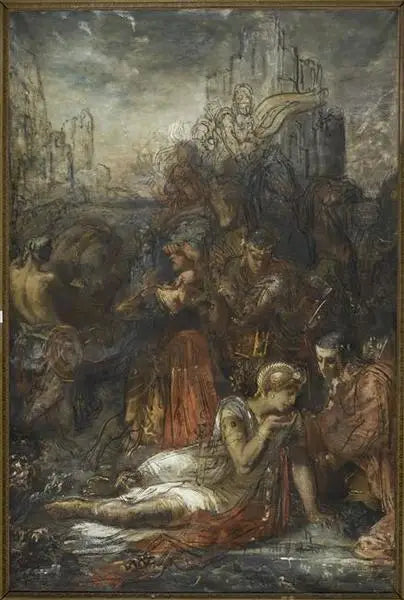 Darius, fuggendo dopo la battaglia di Arbelles, si ferma, esausto dalla fatica, per bere in una pozzanghera - Gustave Moreau