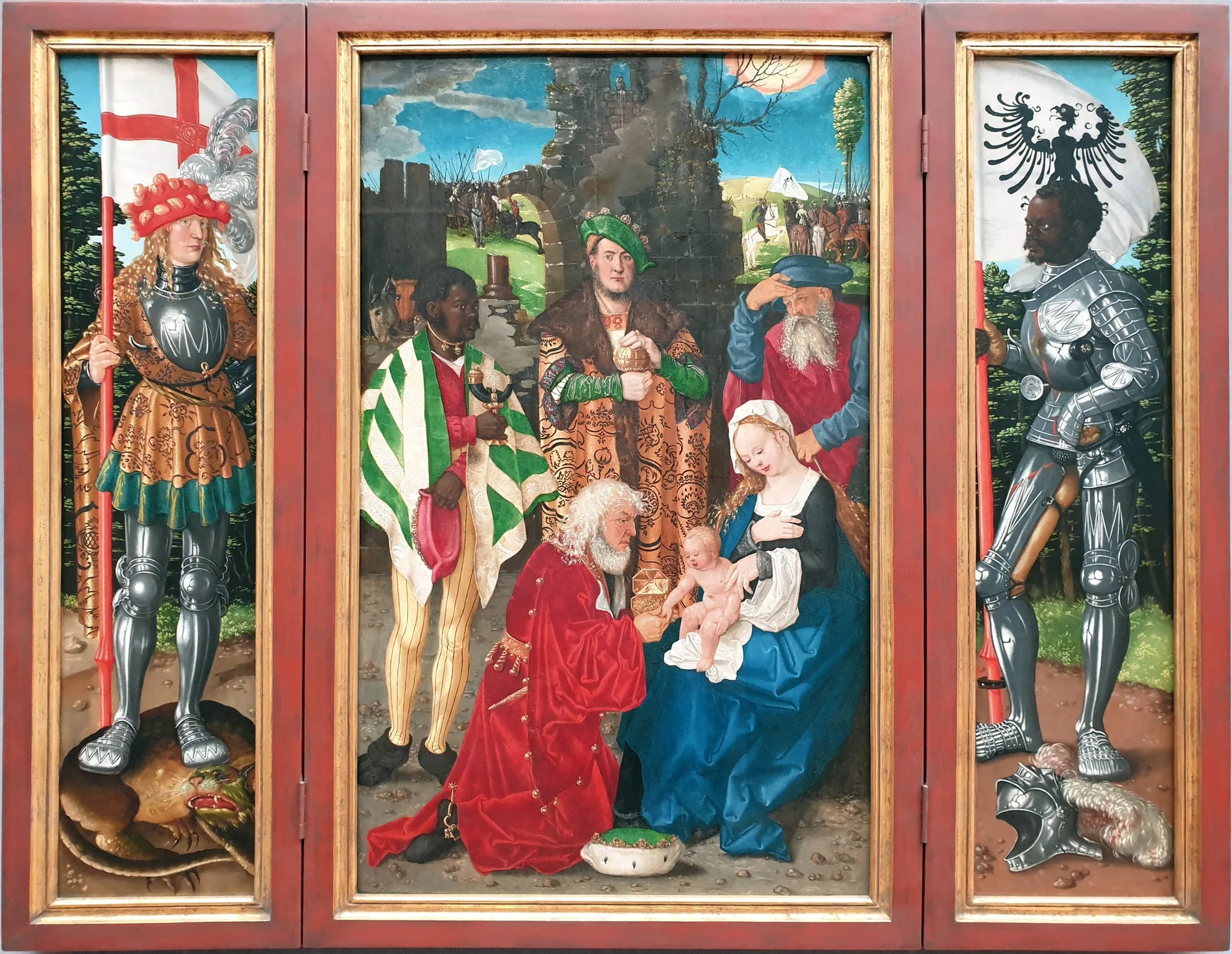 Der Dreikönigsaltar Innentafeln: Anbetung der Könige, der Heilige Georg und der Heilige Mauritius - Hans Baldung Grien image 1 reproduction d’œuvre d’art à l’huile
