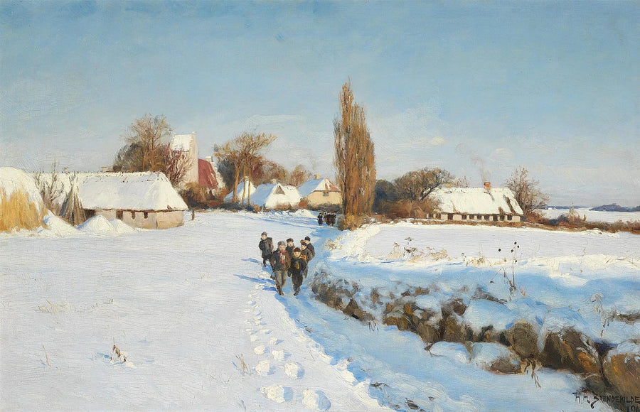 Ragazzi che camminano nella neve durante una giornata invernale soleggiata. - H. A. Brendekilde