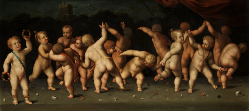Des enfants dansent en rond e soffiano in un paesaggio - Denis Calvaert