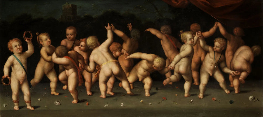 Des enfants dansent en rond e soffiano in un paesaggio - Denis Calvaert