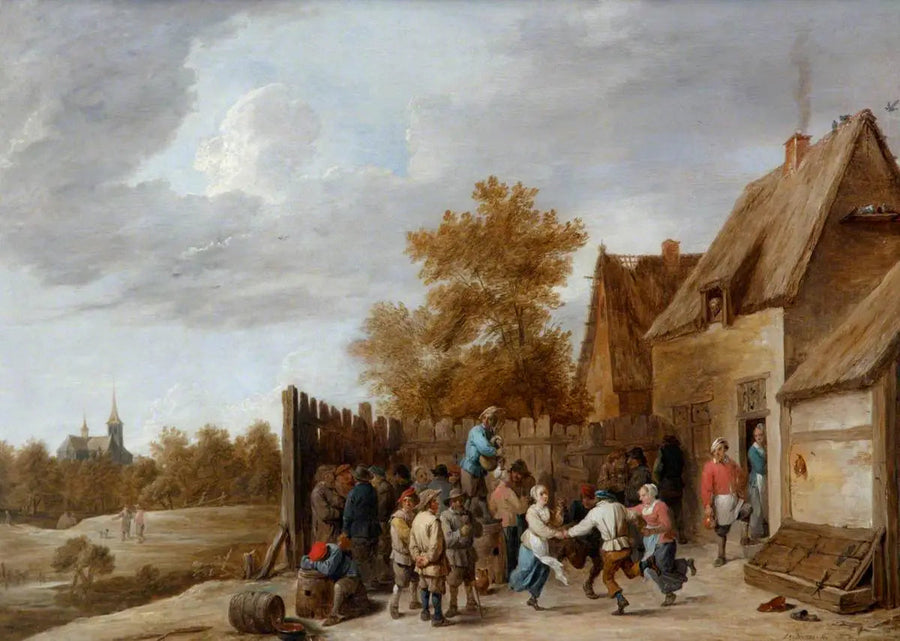 Paesani danzano davanti a una taverna, con una chiesa di paese in lontananza - David Teniers il Giovane