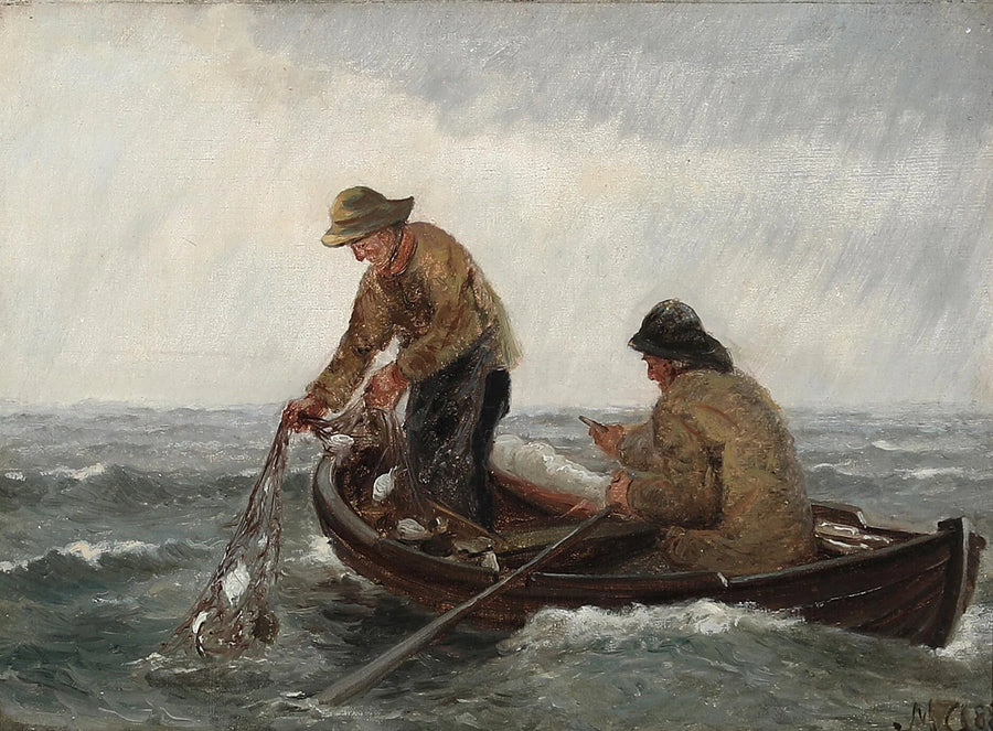 Pescatori su un gommone recuperano le loro reti. - Michael Peter Ancher
