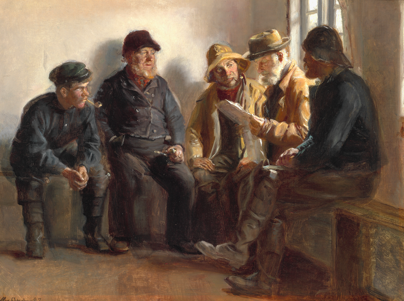 Pescatori in un negozio di alimentari a Skagen. Seren Kruse legge il giornale del giorno. - Michael Peter Ancher