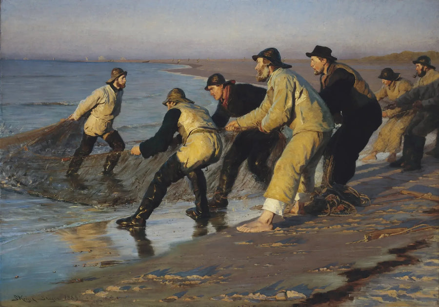 Pescatori che tirano le loro reti sulla spiaggia nord di Skagen. Fine pomeriggio. - Peder Severin Krøyer