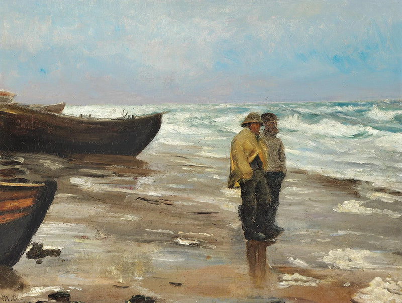 Pescatori su una spiaggia con le loro barche. - Michael Peter Ancher