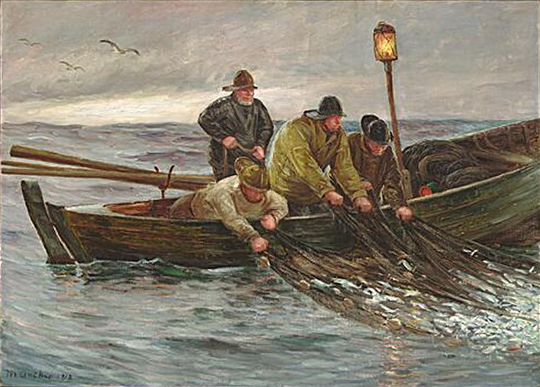 I pescatori tirano fuori le reti dalle loro barche. - Michael Peter Ancher