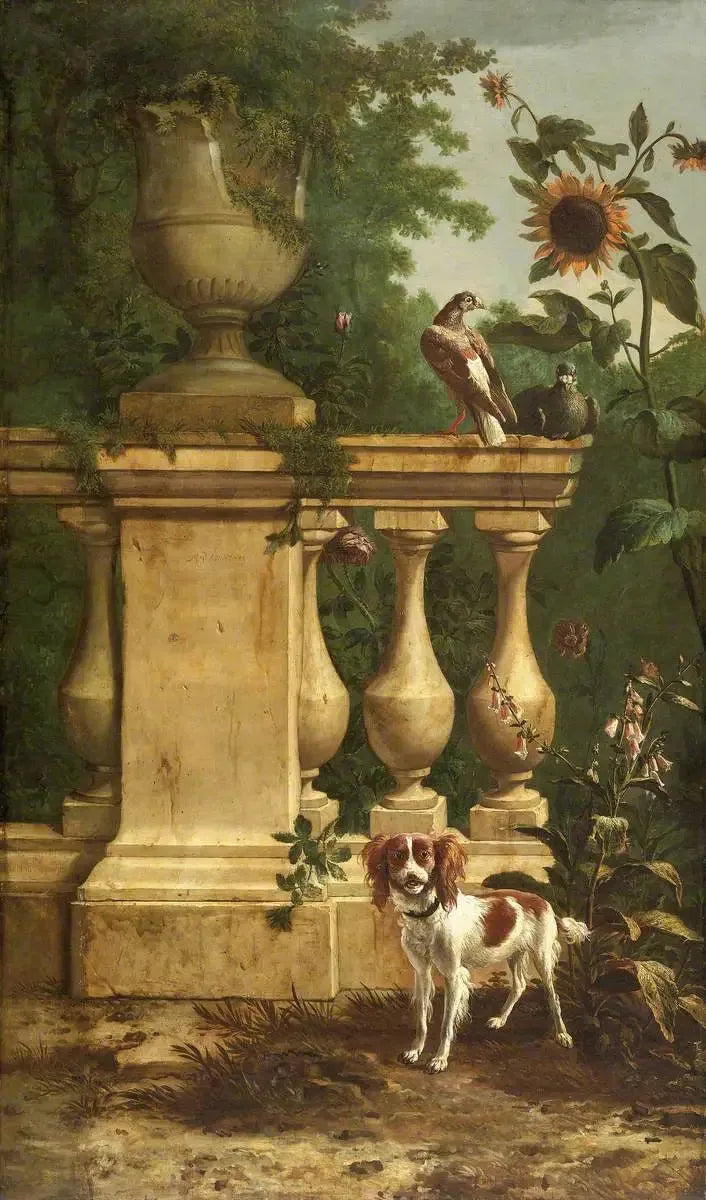 Pigeoni e un cane in un giardino - Melchior de Hondecoeter
