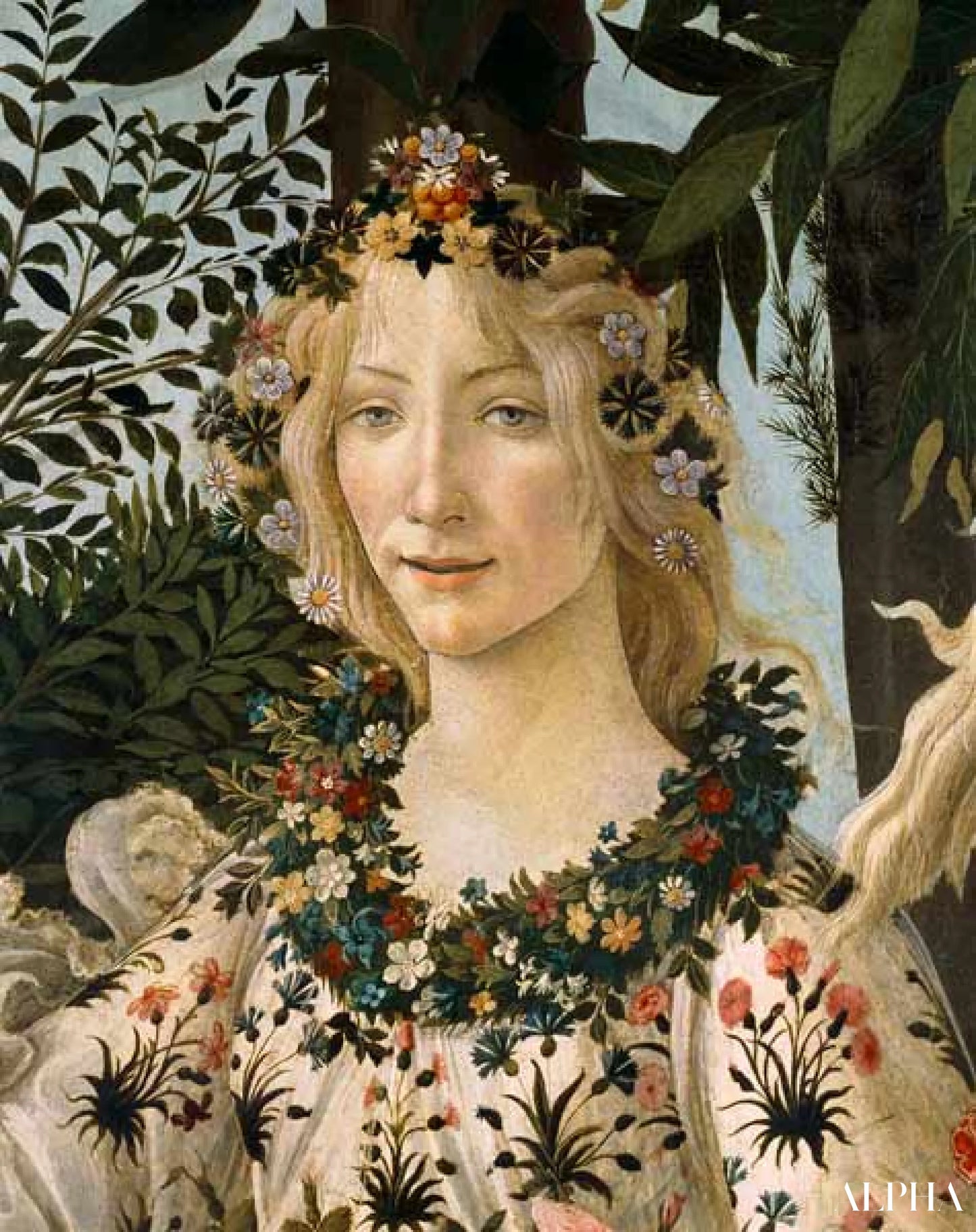 Dettaglio del dipinto "la primavera", testa di Flora - Sandro Botticelli - Riproduzioni di quadri e dipinti di alta gamma