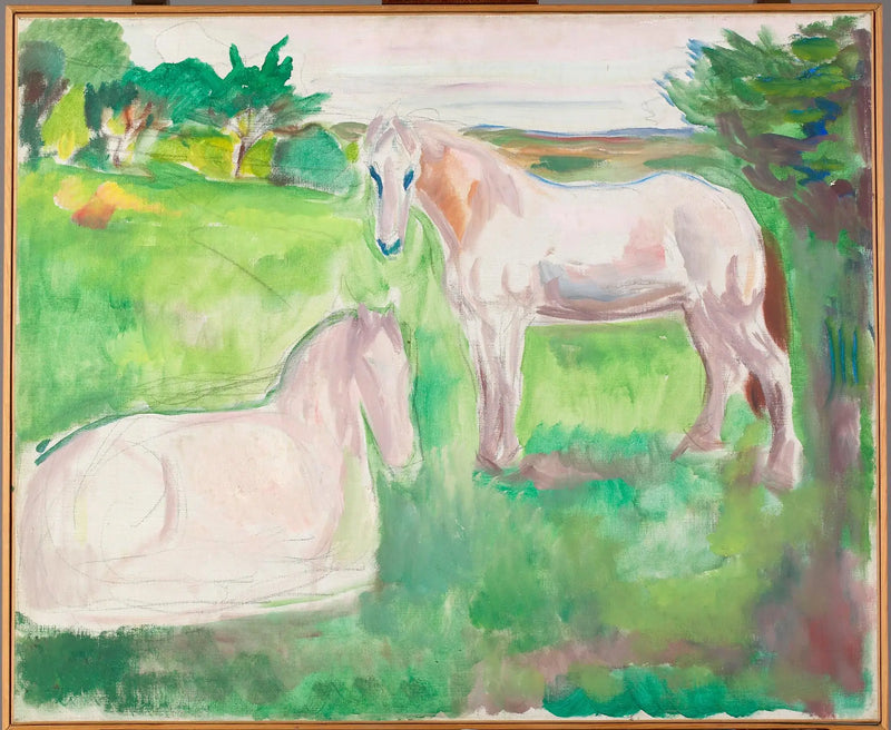 Due cavalli bianchi in un prato verde - Edvard Munch