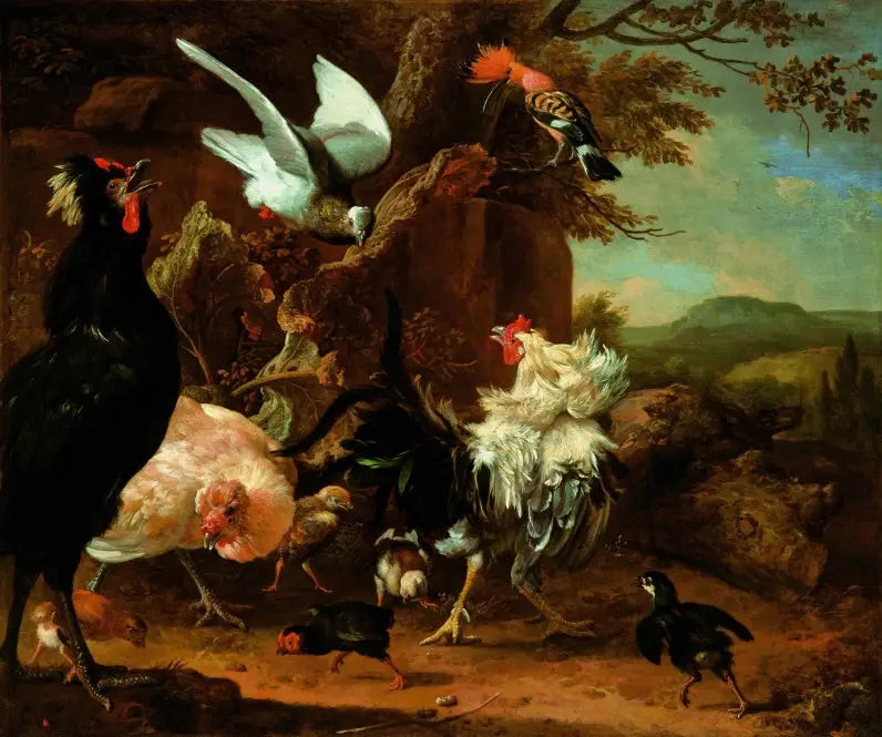 Due galli, una gallina e dei pulcini con una colomba e una upupa. - Melchior de Hondecoeter